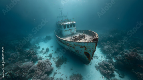 Atmospheric underwater scene of a sunken shipwreck surrounded by deep blue ocean depths