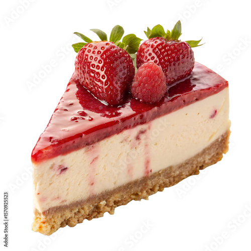 Slice of creamy strawberry cheesecake with fresh berries and graham cracker crust on white background