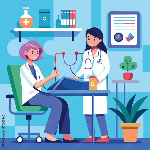 Smiling female doctor and nurse professionals work together at a hospital desk with a laptop and stethoscope