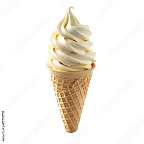 Soft serve vanilla ice cream cone with waffle texture and creamy swirl isolated on transparent background