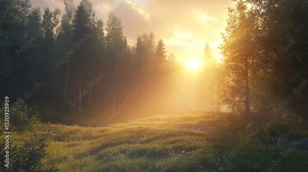 Fototapeta premium Bright sun illuminating a clearing in the forest