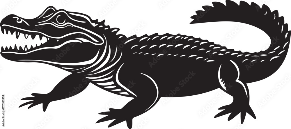 Obraz premium Black and white drawing of a stylized alligator lurking in the waters 