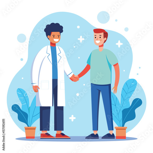 Cartoon vector illustration of doctors, nurses, and patients in a hospital setting with men, women, and children