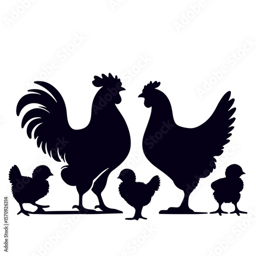Chicken Family Silhouette – Black Vector Rooster, Hen, and  Chicks in Sideview on White Background