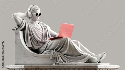 Modern Greek Marble Statue with Headphones and Laptop – Conceptual Business Illustration on Pastel Background Confident greek businessman marble statue sculpture thinking and working with laptop
