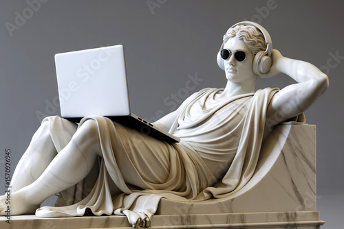 Modern Greek Marble Statue with Headphones and Laptop – Conceptual Business Illustration on Pastel Background Greek sculpture using computer laptop statue art.