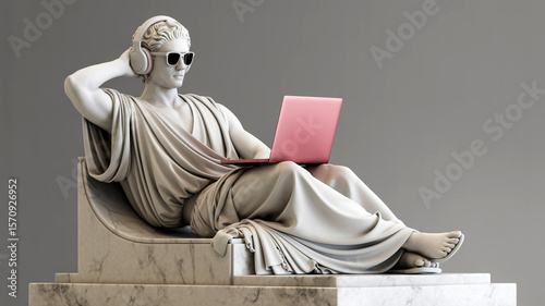 Modern Greek Marble Statue with Headphones and Laptop – Conceptual Business Illustration on Pastel Background Confident greek businessman marble statue sculpture thinking and working with laptop