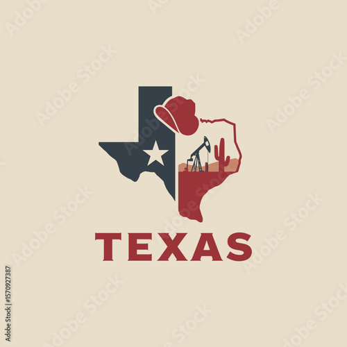 Vector design of Texas with split-state concept, oil pump, cactus and cowboy hat. Bold travel and culture icon