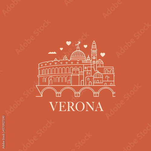 Outline vector of Verona skyline with iconic monuments, hearts and arches. Romantic city design on warm background
