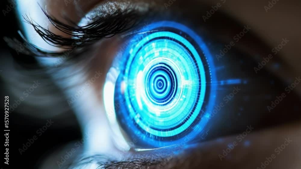 Close-up of an eye with glowing, futuristic blue technology