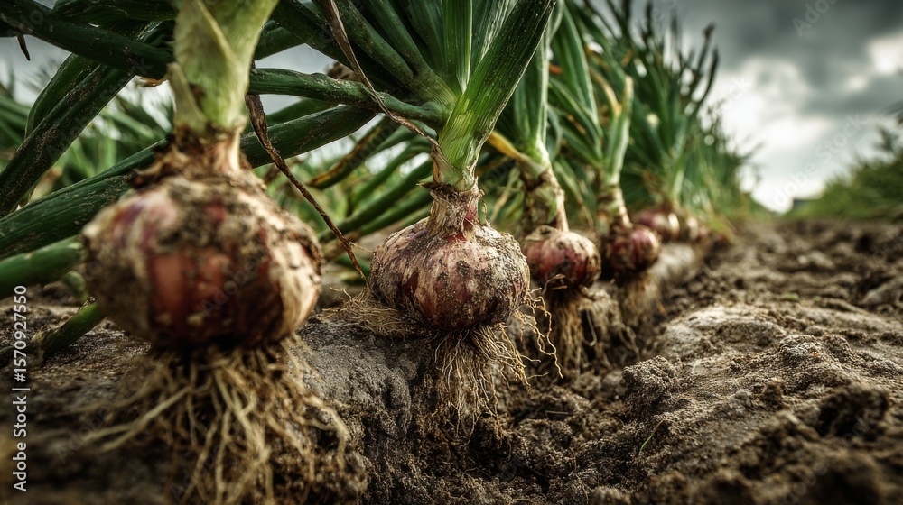 Obraz premium A dramatic shot of shallots being harvested from the soil, with dirt clinging to their roots and green tops, showcasing the farm-to-table concept