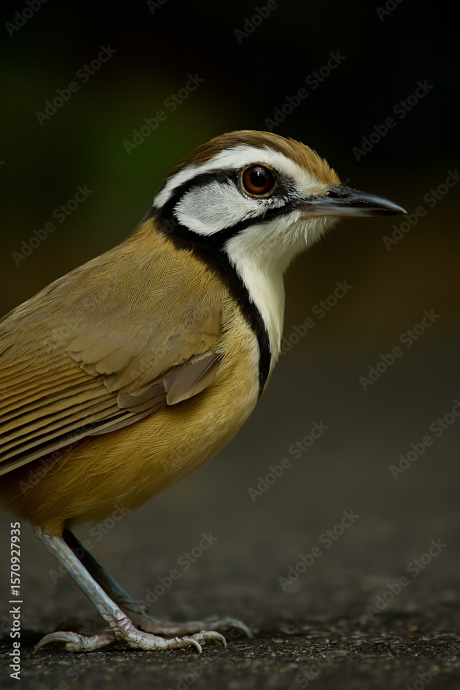 Fototapeta premium Close-up Portrait of a White-browed Scimitar Babbler on the Ground in Natural Habitat