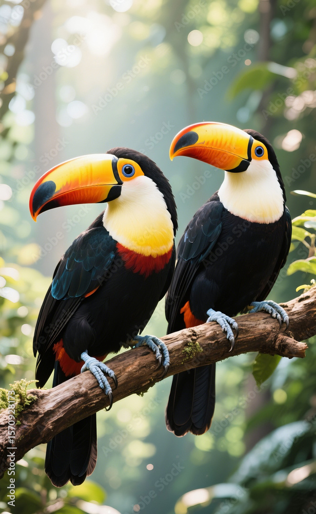 Fototapeta premium Pair of Vibrant Toucans with Colorful Beaks Perched Gracefully on Branch in Lush Tropical Rainforest – Ideal for Nature Lovers, Birdwatching, and Wildlife Photography
