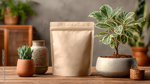 Beige kraft paper pouch mockup elegantly styled with a small vibrant green plant