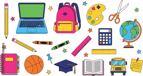 Back to school supplies vector illustration with laptop, backpack, book, globe, and other items