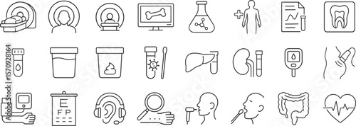 Diagnostic tests, scans and medical procedures illustrated with clear linear icon set. Includes bloodwork, imaging, sample collection and routine health assessments vector illustration.