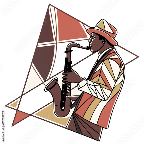 Cubist Abstraction of Musician Playing Saxophone – Geometric Jazz Art, Angular Music Illustration, Modernist Instrumentalist, Abstract Saxophonist Design, Avant-Garde Musical Fragmentation
