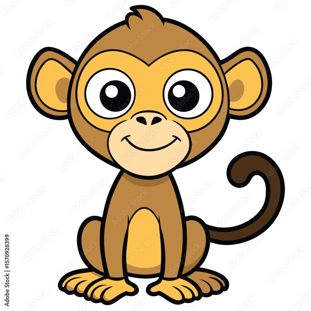 Fototapeta premium A happy cartoon monkey with big eyes is sitting down looking forward