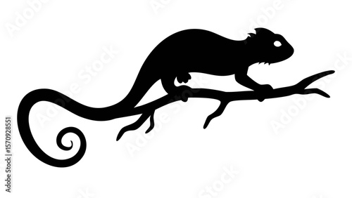 A vector silhouette of a Chameleon silhouette on a curved branch, high contrast form