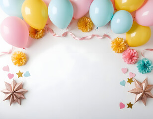 colorful balloons on a white background, Pastel balloons and paper decorations on a white background with copy space. Festive craft party decoration, frame, or border for text. birthday celebration 