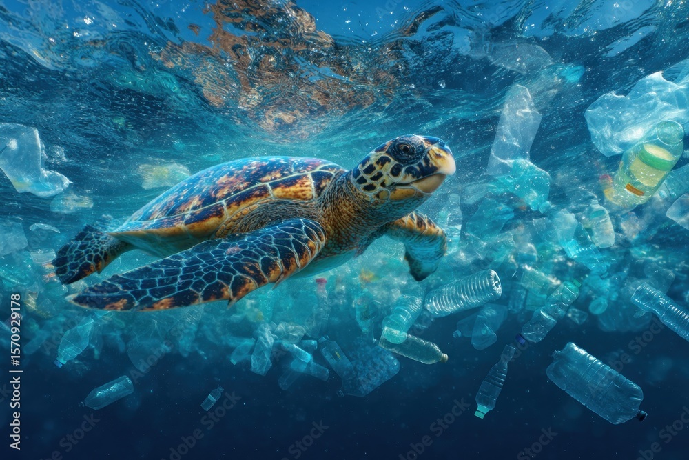 Fototapeta premium Sea turtle swimming in polluted ocean water