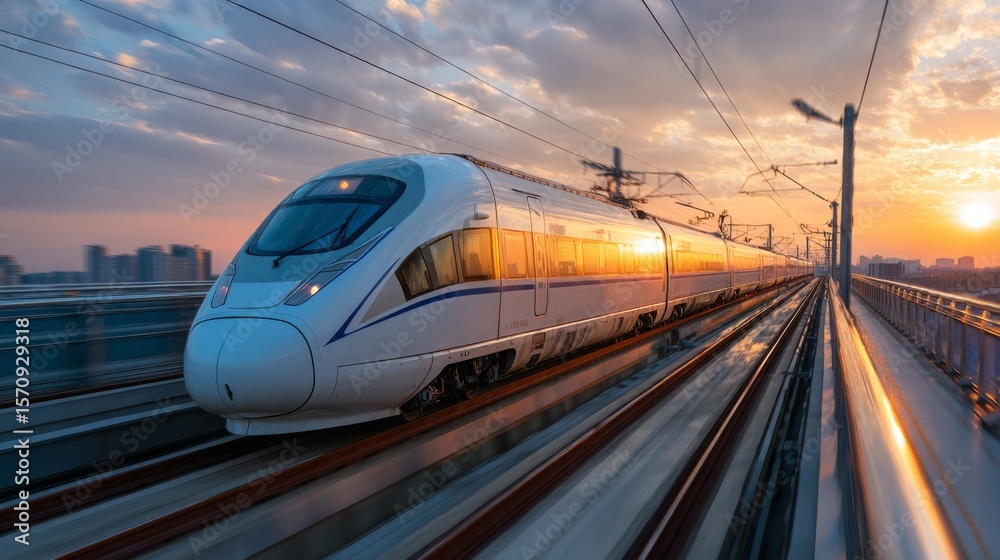 Naklejka premium A dynamic shot of a high-speed train crossing a bridge at sunset, with the golden light reflecting off its smooth, aerodynamic design.