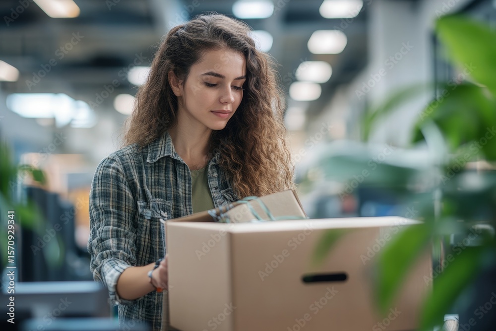 Fototapeta premium Young employee packing her belongings from the office desk, leaving her current job for a new opportunity and promotion, Generative AI