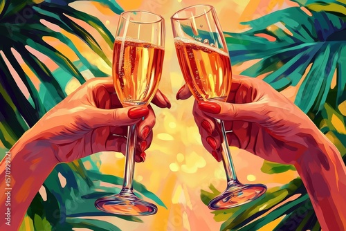 Celebratory toast with rose wine. Beautiful female friends with glasses of champagne alcohol. Summer office party. Social event celebration outdoors. Hands holding a glass of Prosecco, Generative AI