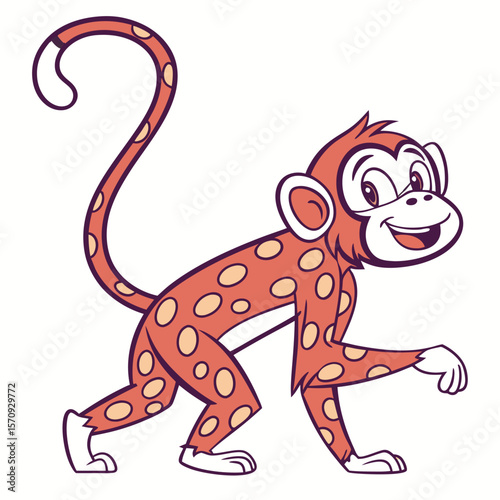 Animated orange monkey with spotted fur is happily walking on all fours here