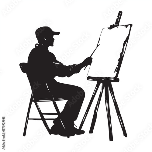 Woman drawing flower on canvas art illustration painting hobby artist creative design vector silhouette 