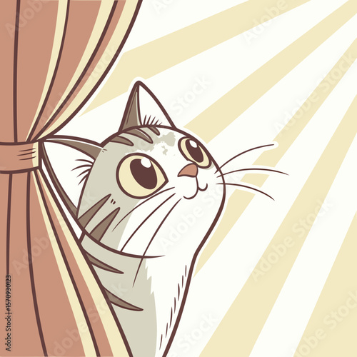 A curious cartoon cat peeks out from behind a curtain with sun rays in the background looking upwards