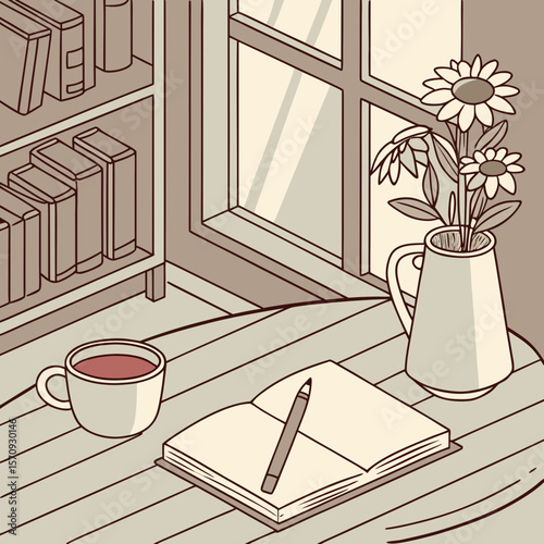 Still life scene featuring a bookshelf, window, flowers, coffee, and an open notebook with a pen on a table