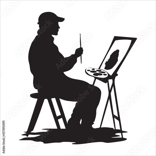 Woman drawing flower on canvas art illustration painting hobby artist creative design vector silhouette 