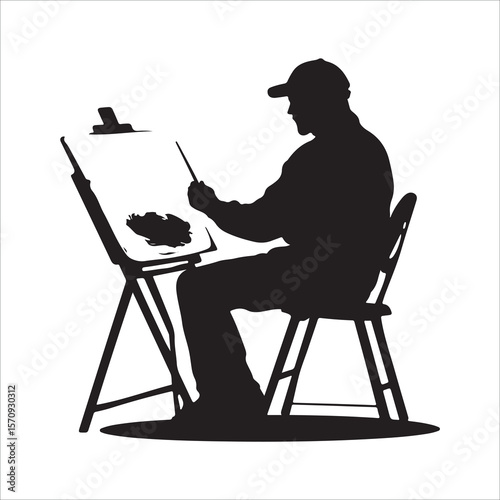Woman drawing flower on canvas art illustration painting hobby artist creative design vector silhouette 