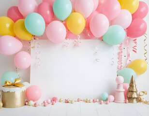 colorful balloons on a white background, Pastel balloons and paper decorations on a white background with copy space. Festive craft party decoration, frame, or border for text. birthday celebration 
