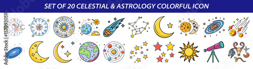 Set of Celestial and Astrology Icons - Cosmos & Zodiac Signs