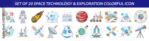 Set of Space Technology and Exploration Icons - Astronaut & Universe