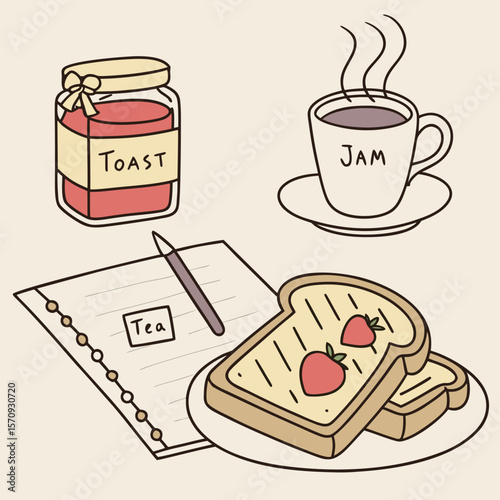 Illustration of breakfast with toast and strawberries, jam, tea, and a notepad on a light background