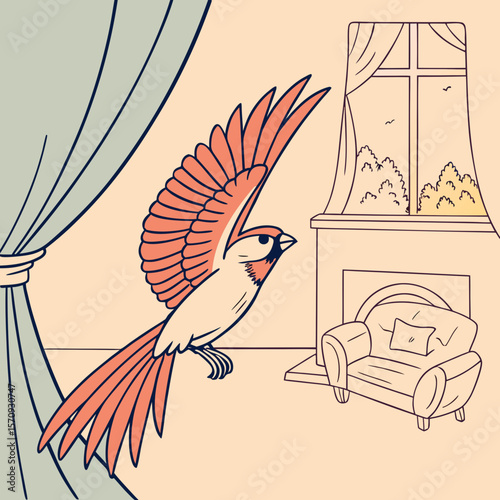 Illustration of a bird flying in a room with a window, curtain and a chair near a fireplace design