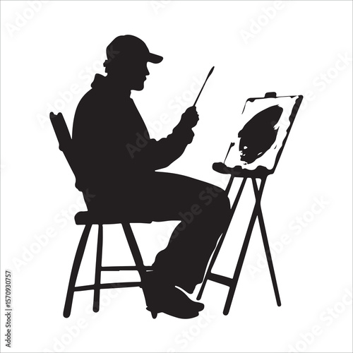 Woman drawing flower on canvas art illustration painting hobby artist creative design vector silhouette 