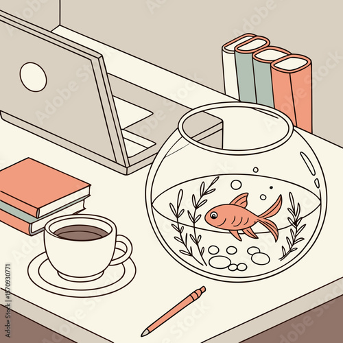 Illustration of a desk with a laptop books coffee a fishbowl and a pen in a cozy workspace scene