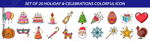 Set of Holiday and Celebrations Colorful Icons - Festive Season