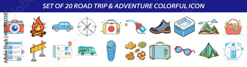 Set of Road Trip and Adventure Colorful Icons