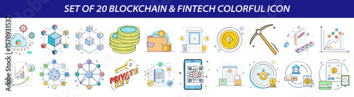 Set of Blockchain and Fintech Icons - Digital Currency & Financial Technology