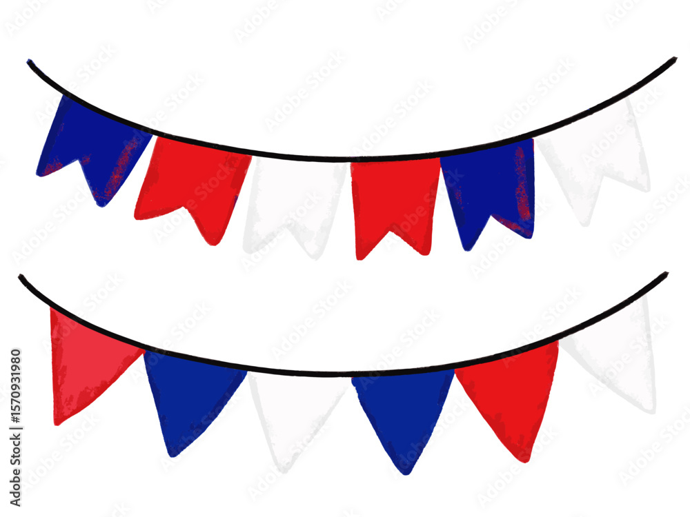 Obraz premium Set collection of Cute hand drawn happy 14th 14 july France bastille independence day bunting flag garland blue navy red crayon watercolor brush grunge theme doodle kids illustration design clipart