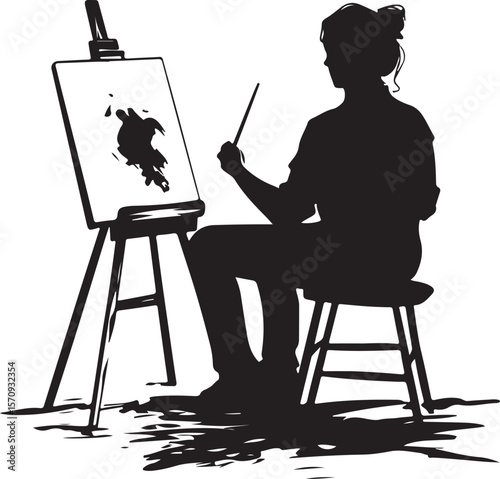 Woman drawing flower on canvas art illustration painting hobby artist creative design vector silhouette 