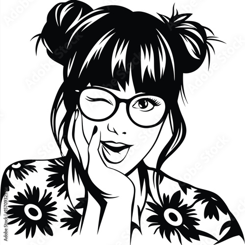 Black and white winking girl wears glasses and a floral shirt holds her face