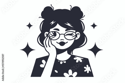 Black and white shows a winking lady with space buns and flower shirt