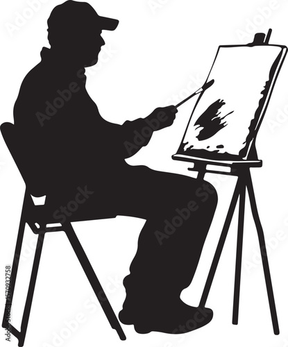 Woman drawing flower on canvas art illustration painting hobby artist creative design vector silhouette 