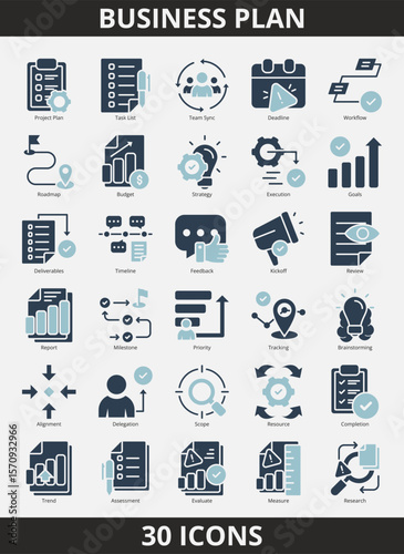 A collection of 30 business plan related icons in glyph blue style. Business plan icon pack with glyph blue style. Contains project plan, task list, team sync, deadline, workflow, roadmap and more